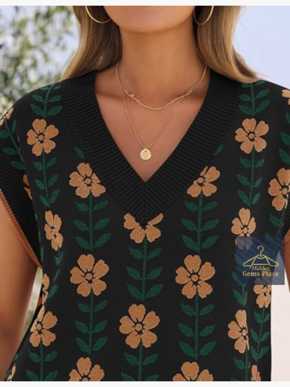 Floral V Neck Sleeveless Knit Sweater Vest Oversized Loose Tank Tops Summer - Picture 5 of 7